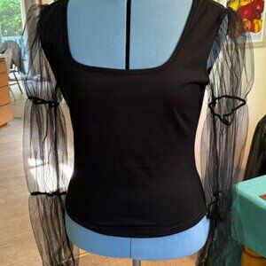 Romantic black knit blouse with sheer puffed sleeves/ Medium